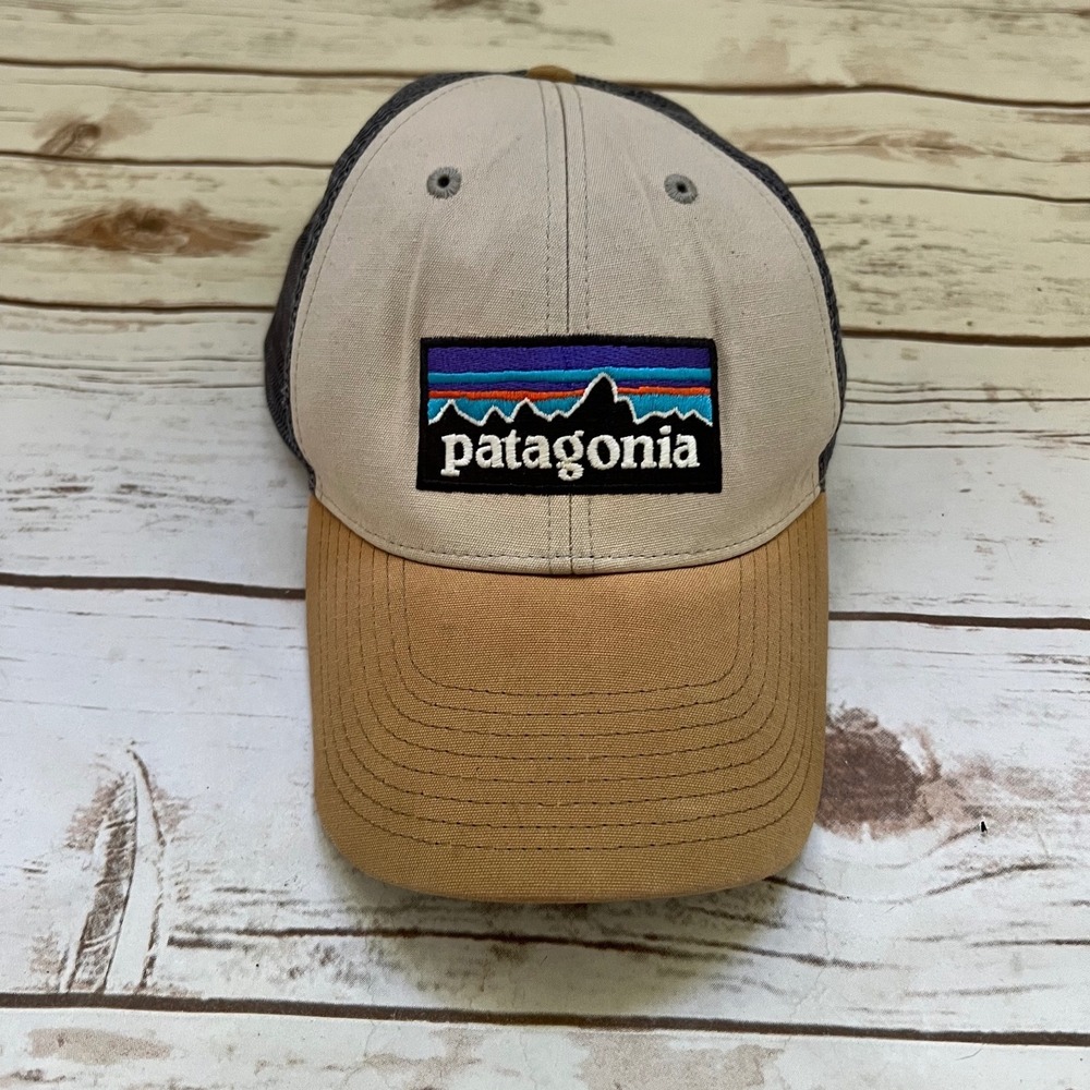 Patagonia Trucker Hat Tan Beige P-6 Logo Mesh Snapback OSFA